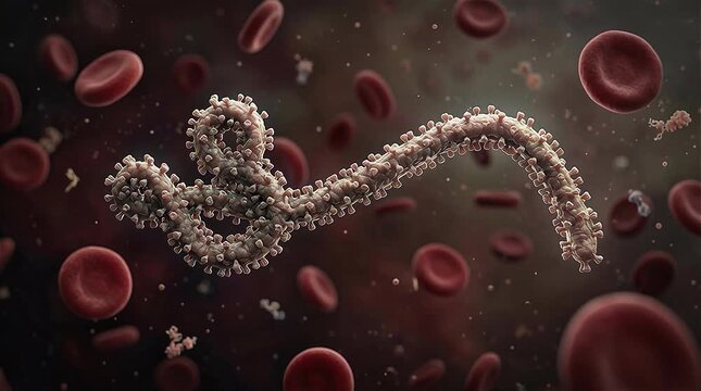 3D render of Ebola virus filovirus structure moving through human bloodstream with red blood cells