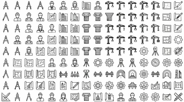 Architecture and Building Construction Blueprint Technical Line Icons Grid