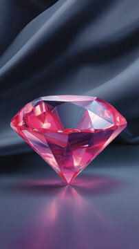 A luminous pink diamond radiates its vibrant color and exquisite facets against a backdrop of softly draped fabric, showcasing its brilliance and elegance.