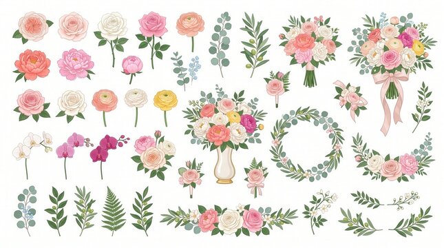 Delicate florals, blooms & green leaves on white background