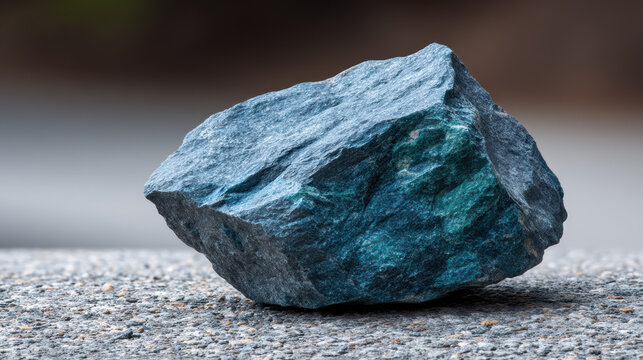 A striking close up view showcases a raw, textured chunk of dark blue green mineral stone sitting on a grey speckled surface with a blurred background setting.