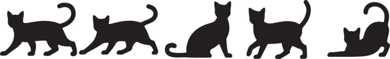 Set of cat silhouettes in various poses and movements together © Sanzida