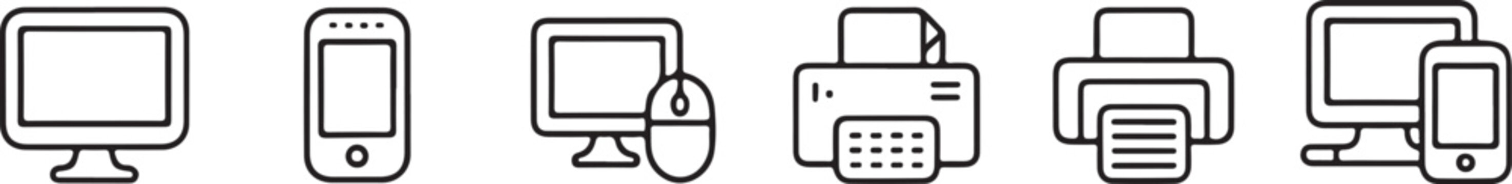 Line icons of various computer and office equipment devices on transparent background
