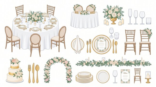 Elegant wedding decor: tables, chairs, flowers, tableware