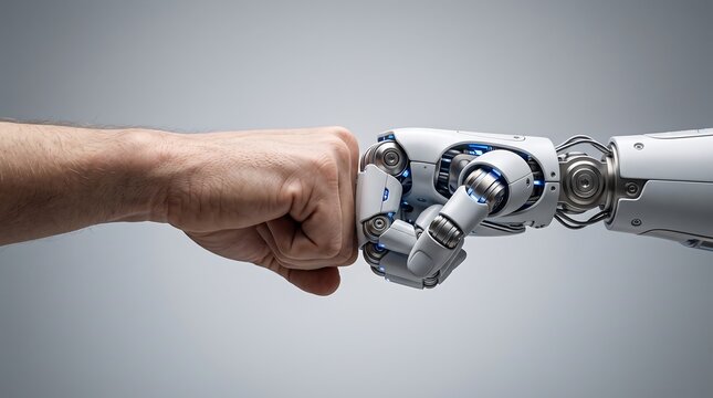 A human fist bumps a robotic hand, symbolizing the collaboration between humans and artificial intelligence in the future.