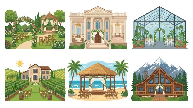 Six diverse wedding ceremony locations are ready for celebration, from grand estates to beaches