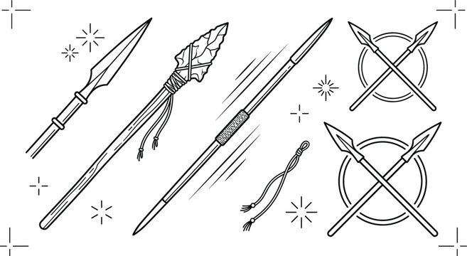 Ancient spears weapon vector line art set with tribal stone lance crossed javelins hunting tools and primitive warrior elements