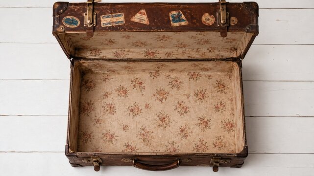 Vintage brown leather suitcase with travel stickers, open on white wooden background, empty interior.