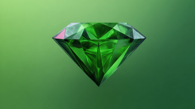 A flawlessly cut and brilliantly faceted green emerald gemstone shimmers against a soft green gradient background, showcasing its exquisite clarity and brilliance.