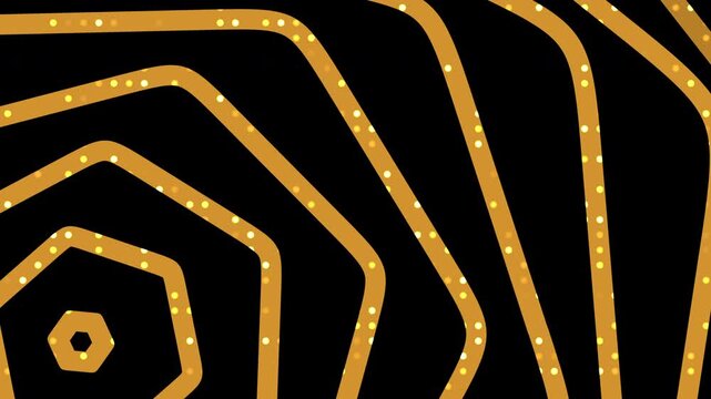 Geometric gold lines form a concentric pentagonal pattern against a solid black background to create an elegant and modern abstract visual design.
