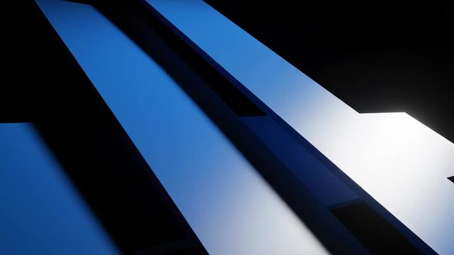 Minimalist 3D abstract composition featuring overlapping blue geometric planes with sharp angles and deep shadows against a black background, architectural design style.