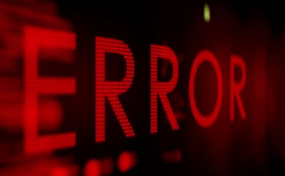 Retro style pixelated red error message flashes on a black background, Glitchy screen effect