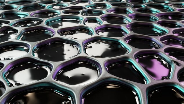 Abstract voronoi cell lattice filled with liquid chrome metal fluid network