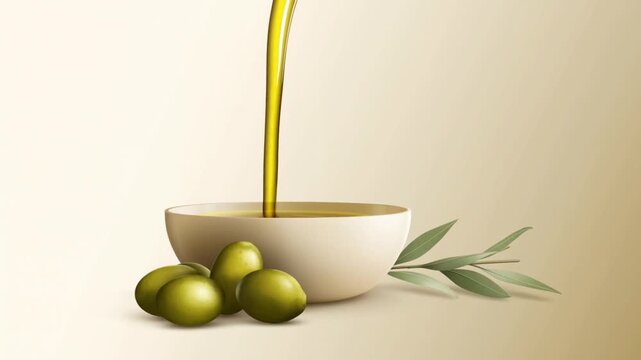 Elegant flat vector animation of olive oil pouring gently into a small bowl beside green olives and olive leaves, Mediterranean color palette, minimal composition, soft gradients