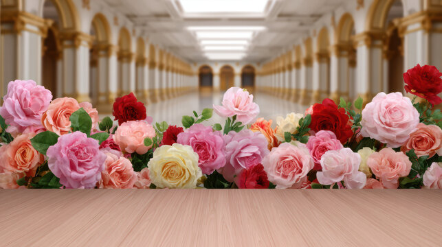 Exquisite roses in vibrant colors adorn a light wooden surface, leading into a grand, blurred corridor of golden columns and arched ceilings, creating elegance.