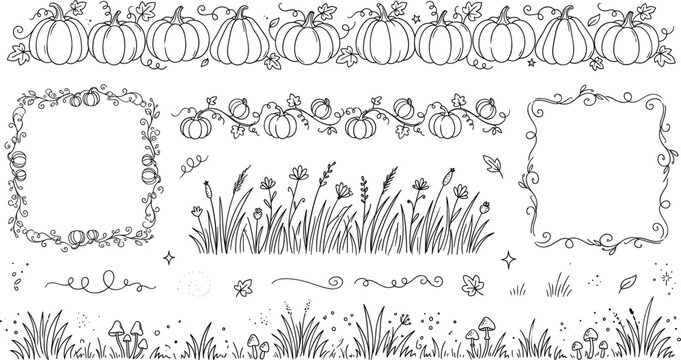 Autumn pumpkin borders frames grass and mushroom line art vector illustration elements set for thanksgiving holiday design