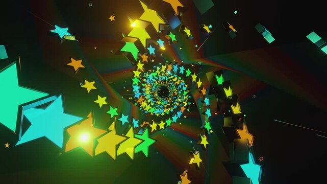 Seamless VJ loop with glowing neon stars spiral tunnel and psychedelic motion for high-tech club visuals, electronic music festivals, stage screens and for LED video walls