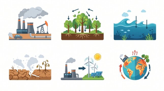 Illustrating pollution, deforestation, ocean health, drought, clean energy