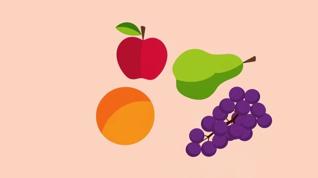 Animated flat vector composition featuring apple, pear, orange and grapes gently floating in balanced motion, pastel background, modern healthy food branding illustration, minimal geometric shapes