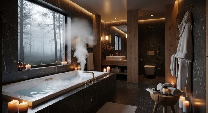 Luxurious modern bathroom features a steaming soaking tub overlooking a misty, wooded landscape