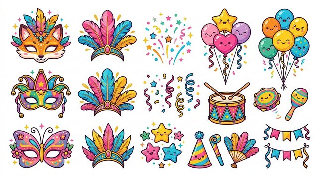 Cartoon carnival masks, feather headpieces, balloons, instruments, confetti