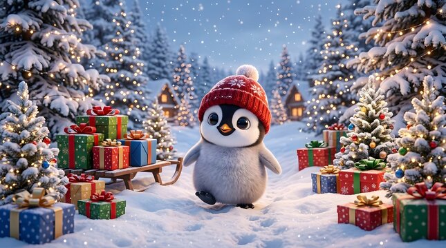 Cute little penguin wearing a red hat walking in a snowy forest with christmas presents
