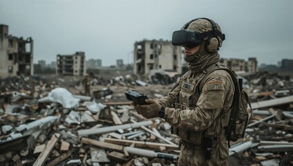 Fototapeta premium Soldier Uses Virtual Reality Headset in a Destroyed Urban Area During a Military Operation
