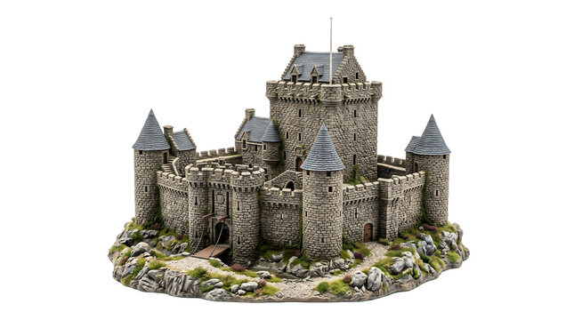 Miniature medieval stone castle model on transparent background