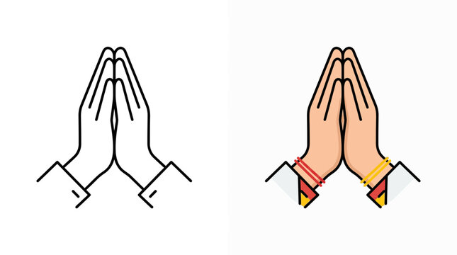 Namaste Greeting Hands Icon Set in Line and Colored Style