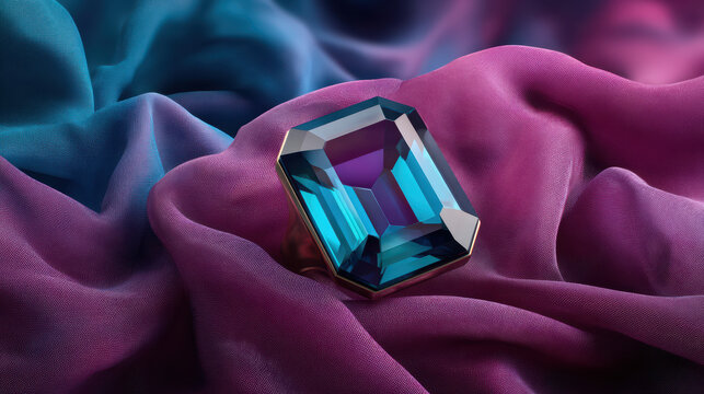 A stunning large rectangular cut gemstone with gold band rests elegantly on shimme draped silk fabric in vibrant shades of teal, purple and magenta.