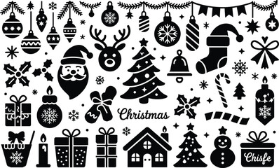 Naklejka premium Christmas clipart collection featuring black silhouette icons of holiday decorations and winter motif