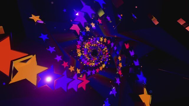Seamless VJ loop with glowing neon stars spiral tunnel and psychedelic motion for high-tech club visuals, electronic music festivals, stage screens and for LED video walls