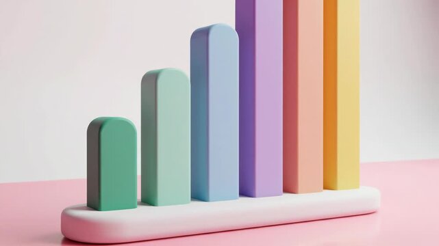 3D render of a minimalist bar chart featuring six rounded columns in pastel green, blue, purple, orange, and yellow on a white base over a pink reflective surface.