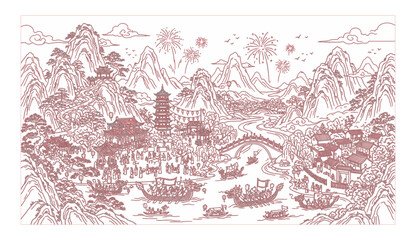 Obraz premium Chinese new year celebration scene with dragon boats and fireworks