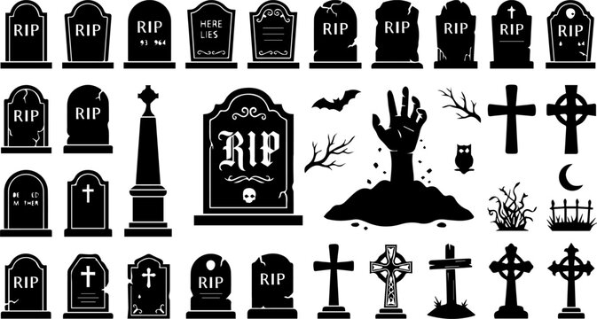 Graveyard and Tombstone Silhouette Set &ndash; RIP Gravestone, Zombie Hand, Halloween Horror Icons