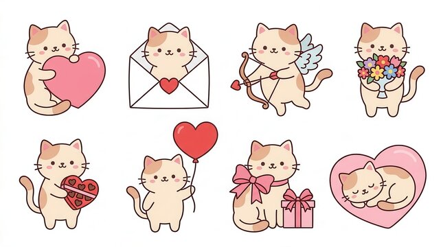 White: 8 loving cats with hearts, flowers, gifts & Cupid's bow