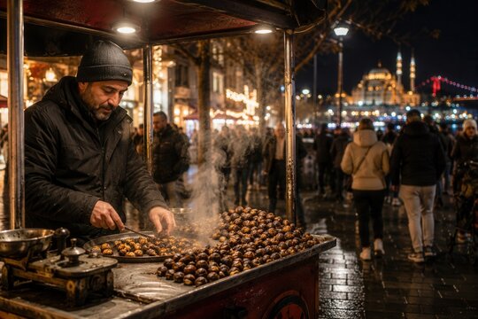 Stra&szlig;enverk&auml;ufer r&ouml;stet Kastanien in Istanbul an Silvester &ndash; dampfender Wagen, nasse Stra&szlig;e, Menschenmenge, Moschee und Bosporus-Lichter im Hintergrund.