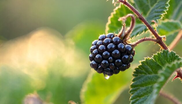 Ripe organic blackberry hanging on a bush branch in nature