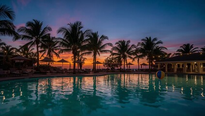 Fototapeta premium Sunset at a Resort Pool With Palm Trees and a Colorful Sky by the Ocean