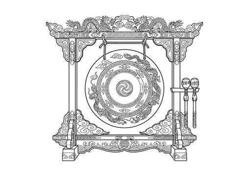 Chinese gong with dragon design and ornate frame