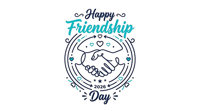 Happy friendship day 2026 emblem design with handshake line art, friendship