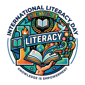 Colorful International Literacy Day Illustration with Open Book Torch and Globe Design