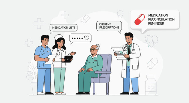 Medical team consulting with an elderly patient about medication reconciliation and prescription management.