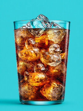 a bunch of icecubes in the shape of ducks, floating in a giant glass of coca cola