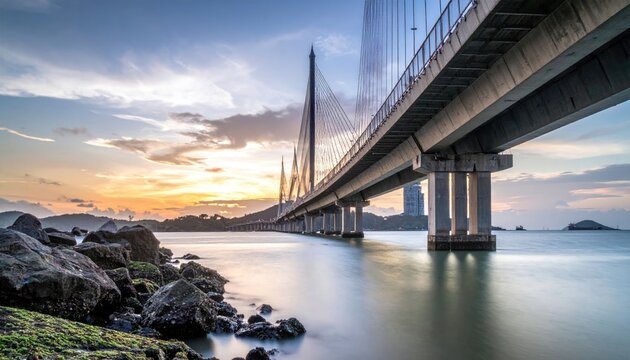 Cable-stayed bridge spans tranquil water at sunset, silhouetted by clouds