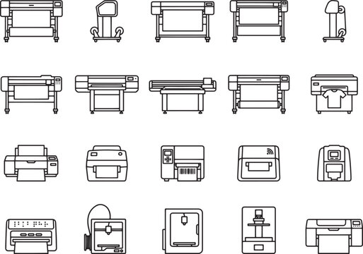 A collection of various printing machines and devices are presented in a clean, line-art illustration style, showcasing different types of printers for diverse applications.