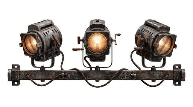 Industrial aged spotlights emit warm glow from vintage theater stage lighting fixture on a metal bar isolated.