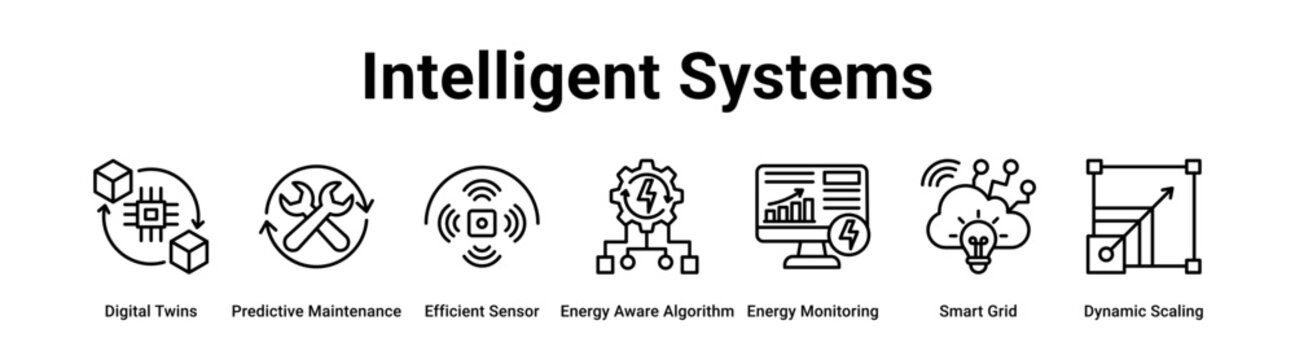Intelligent Systems web banner icon vector illustration concept for technology with icon of Digital Twins, Predictive Maintenance, Efficient Sensor, Energy Aware Algorithm, Energy Monitoring, Smart.