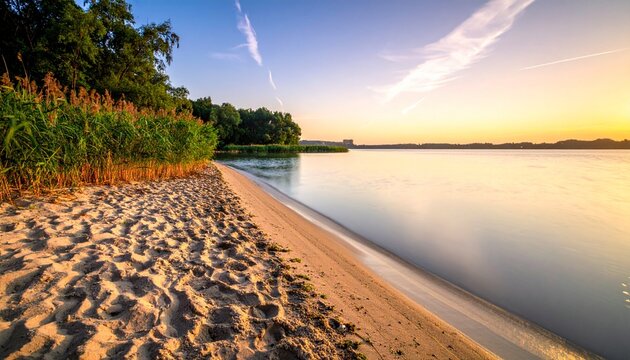 Idyllischer Sandstrand am Deulowitzer See im goldenen Morgenlicht