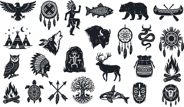 Native American Cultural Silhouette Set with Indigenous Tribal Symbols Eagle Dreamcatcher Teepee and Wild Spirit Animals in Linocut Woodblock Style